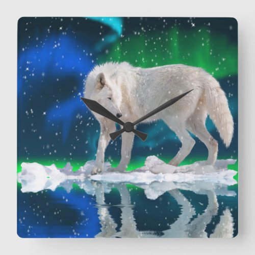 Arctic Wolf Snow  Aurora Wildlife Art Clock