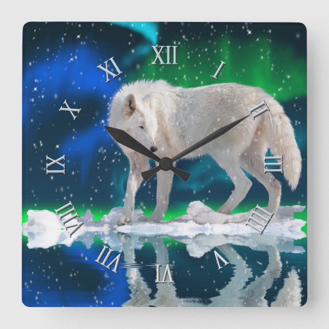 Arctic Wolf, Snow & Aurora Wildlife Art Clock (Front)