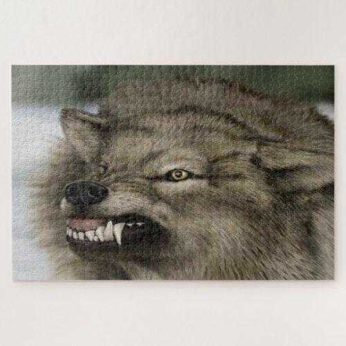 Arctic wolf with teeth out on his mouth looking at jigsaw puzzle