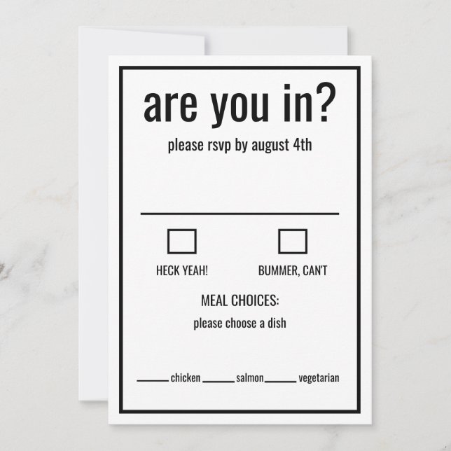 Are you in funny rsvp black and white minimal  invitation (Front)