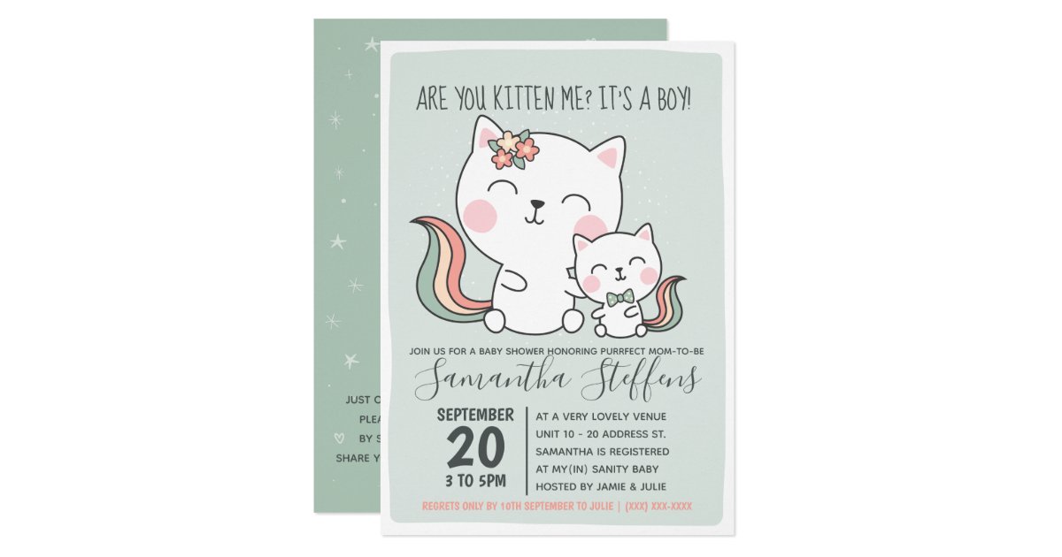 Are You Kitten Me Cute Green Cat Boy Baby Shower Invitation