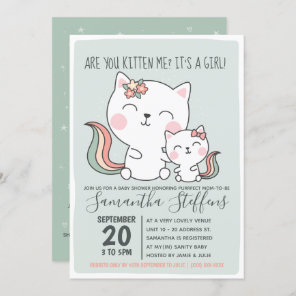 Are You Kitten Me Cute Green Cat Girl Baby Shower Invitation