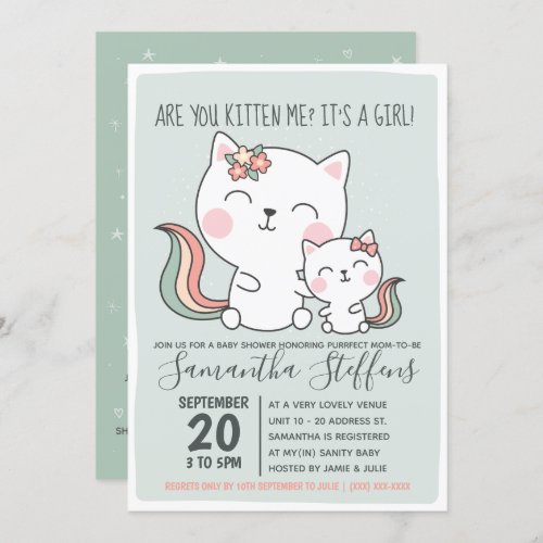Are You Kitten Me Cute Green Cat Girl Baby Shower Invitation