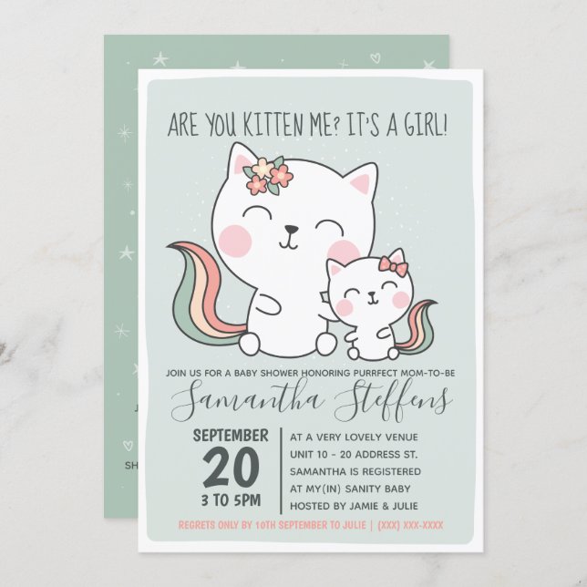 Are You Kitten Me Cute Green Cat Girl Baby Shower Invitation (Front/Back)