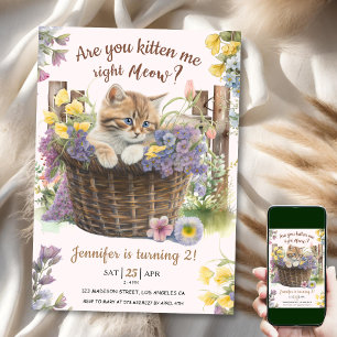 Are You Kitten Me Floral Pink Cat 2nd Birthday Invitation