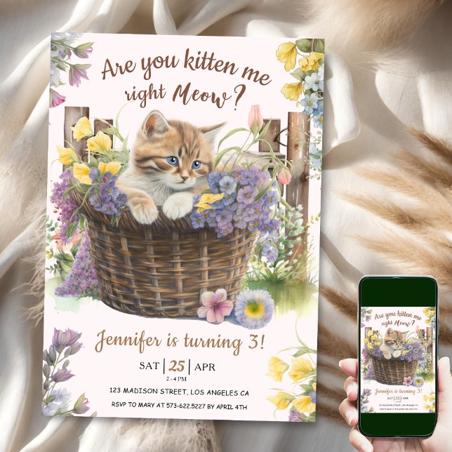 Are You Kitten Me Floral Pink Cat 3rd Birthday Invitation (Creator Uploaded)