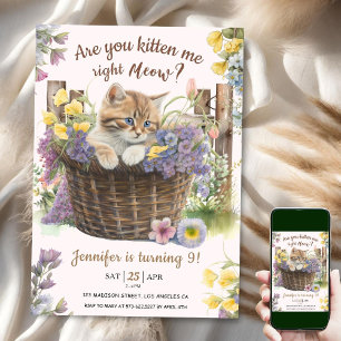 Are You Kitten Me Floral Pink Cat 9th Birthday Invitation