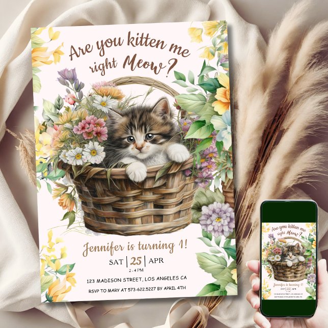 Are You Kitten Me Meow | Cat Girl 1st Birthday  Invitation (Creator Uploaded)