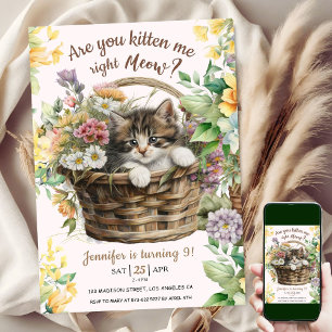 Are You Kitten Me Meow Cat Girl 9th Birthday Invitation
