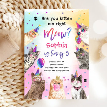 Are You Kitten Me Meow Cat Girl Birthday Invitation by Anietillustration at Zazzle