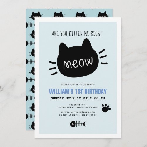 Are You Kitten Me Right Meow Blue BIrthday Invitation