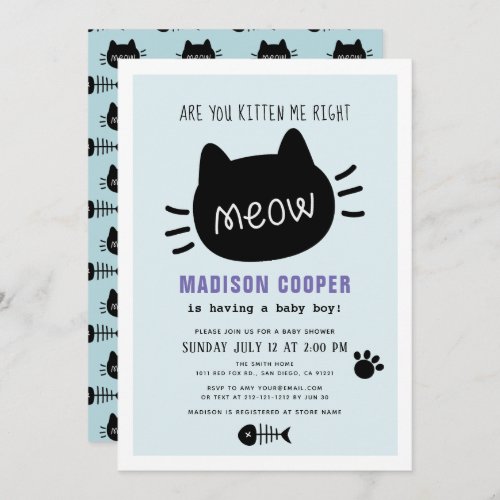 Are You Kitten Me Right Meow Blue Boy Baby Shower Invitation