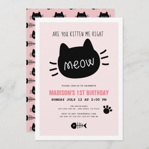 Are You Kitten Me Right Meow Pink BIrthday Invitation