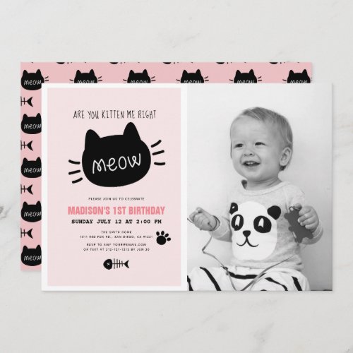 Are You Kitten Me Right Meow Pink BIrthday Photo Invitation