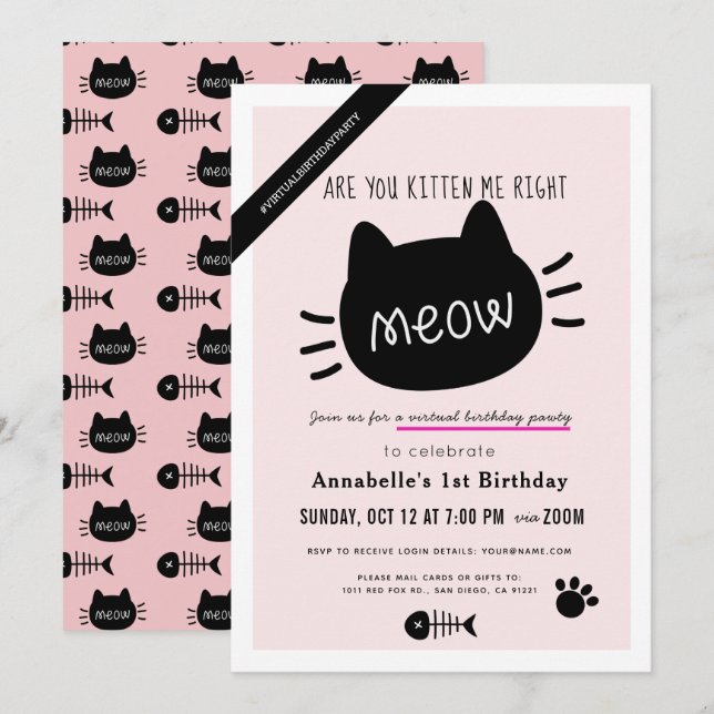 Are You Kitten Me Right Meow Pink Virtual BIrthday Invitation (Front/Back)
