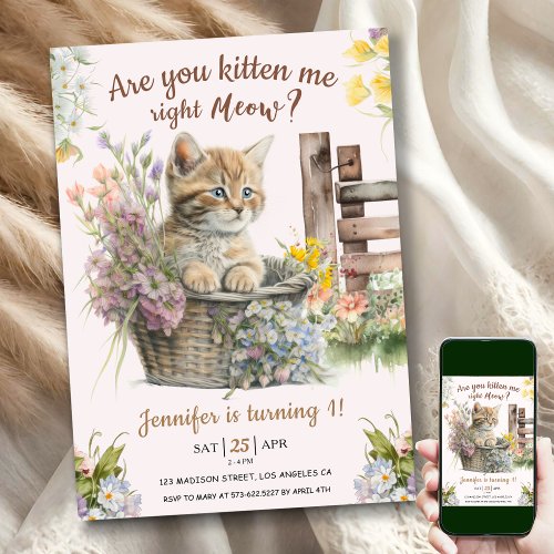 Are You Kitten Me Right Now Girl Cat 1st Birthday  Invitation