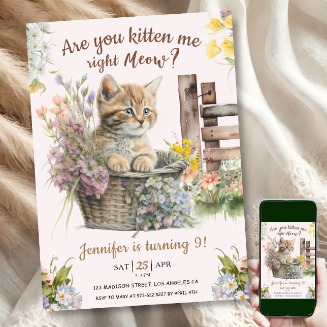 Are You Kitten Me Right Now Girl Cat 9th Birthday  Invitation (Creator Uploaded)