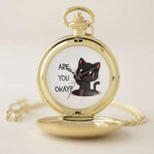 Are You Okay? Black Kawaii Cat Pocket Watch