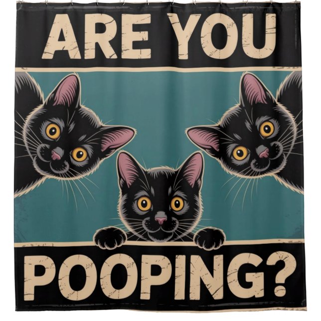 "Are You Pooping?" Funny Black Cats Shower Curtain (Front)