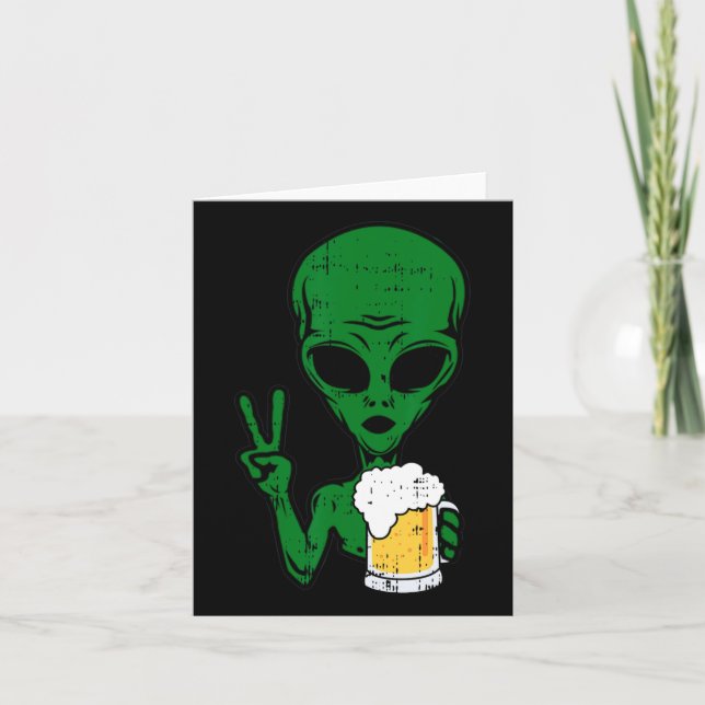 Area-51 Alien Beer Peace Sign Lazy Drinking Hallow Card (Front)