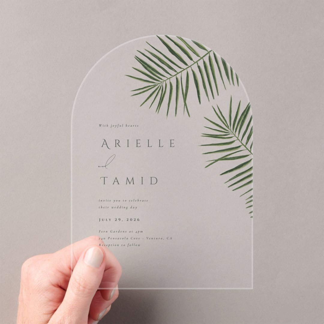 Areca Modern Watercolor Palm Wedding Acrylic                    Invitations