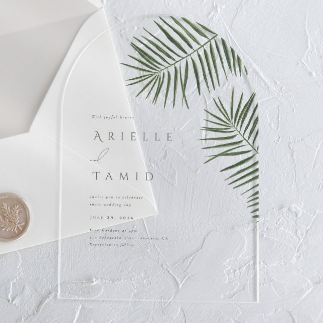 Areca Modern Watercolor Palm Wedding Acrylic Invitations (Creator Uploaded)