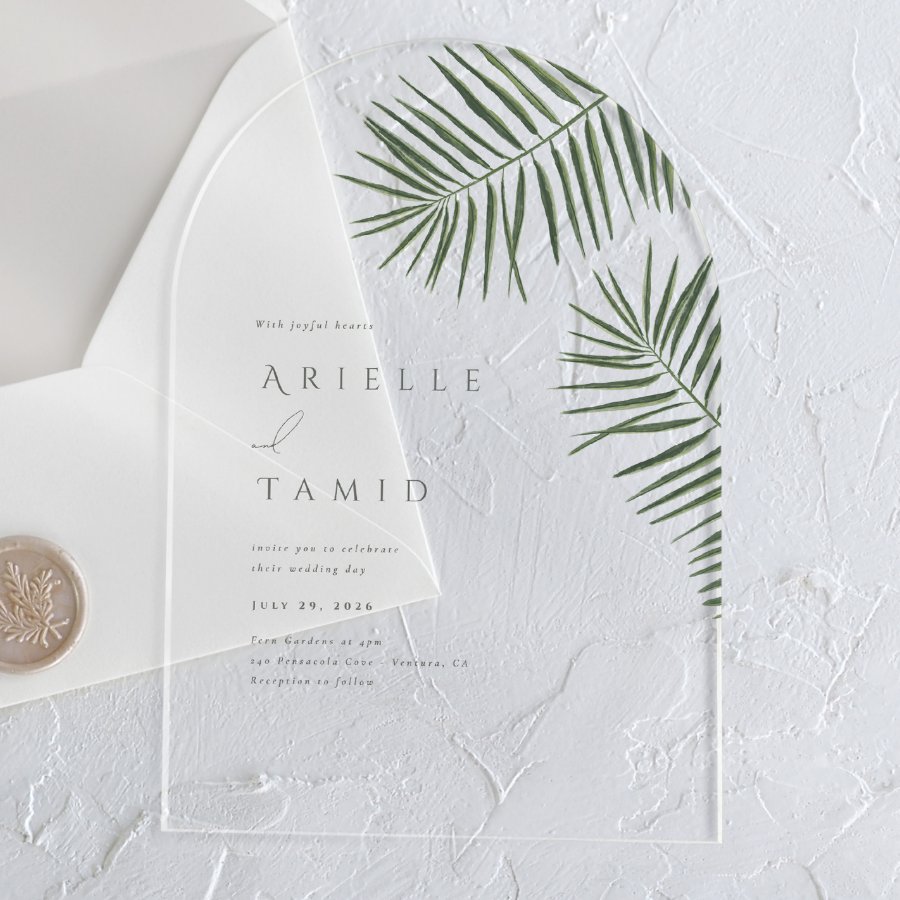 Areca Modern Watercolor Palm Wedding Acrylic Invitations