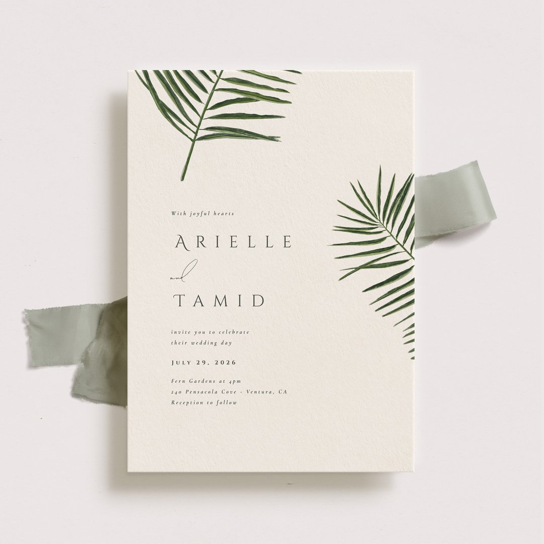 Areca Modern Watercolor Palm Wedding Invitation