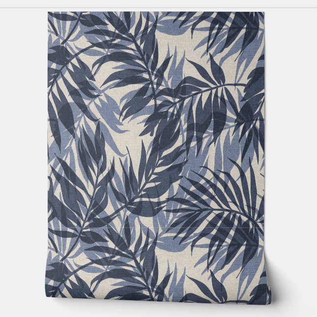 Areca Palms Hawaiian Tropical Vintage- Indigo Wallpaper (Unrolling)