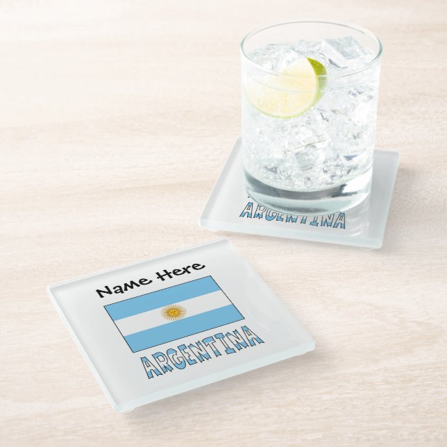 Argentina and Argentine Flag with Your Name Glass Coaster (Angled)