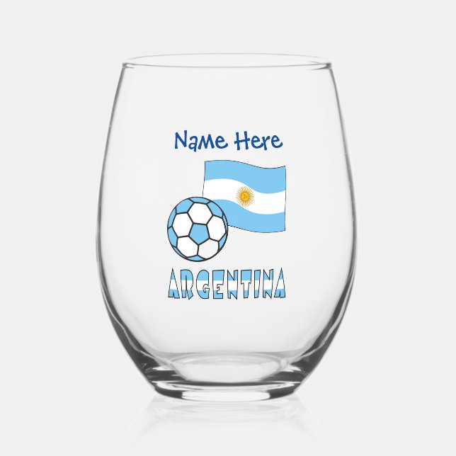 Argentina Flag and Soccer Personalized  Stemless Wine Glass (Front)