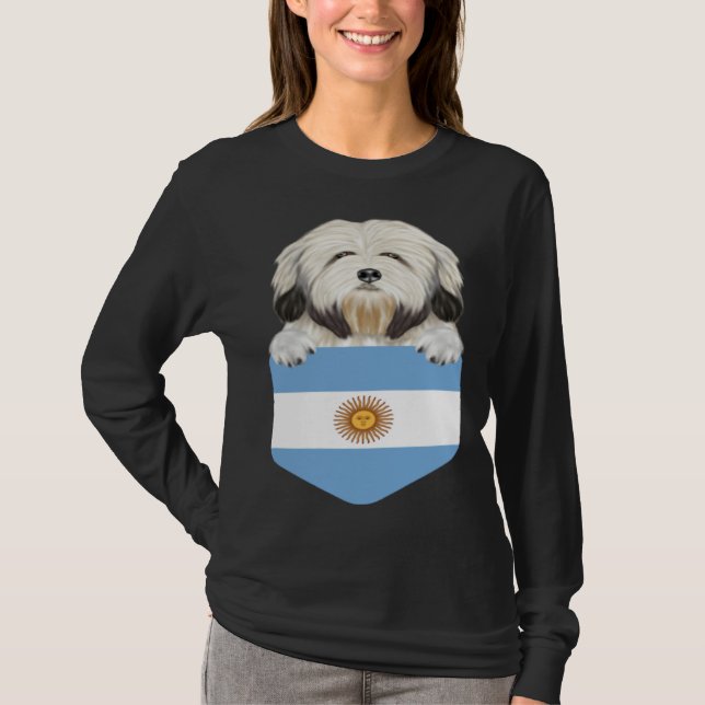 Argentina Flag Lowchen Dog In Pocket T-Shirt (Front)
