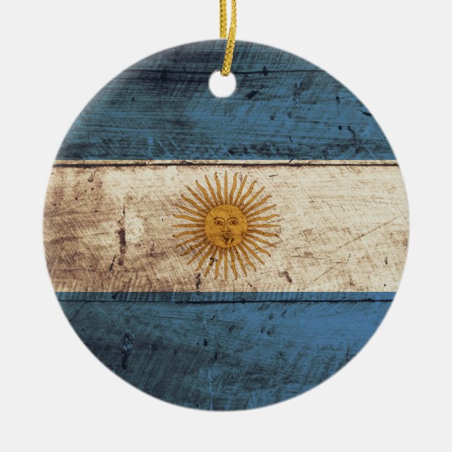Argentina Flag on Old Wood Grain Ceramic Ornament (Front)