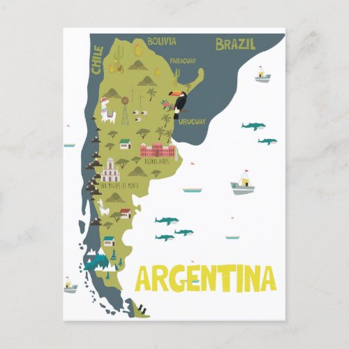 Argentina Illustrated Map Postcard