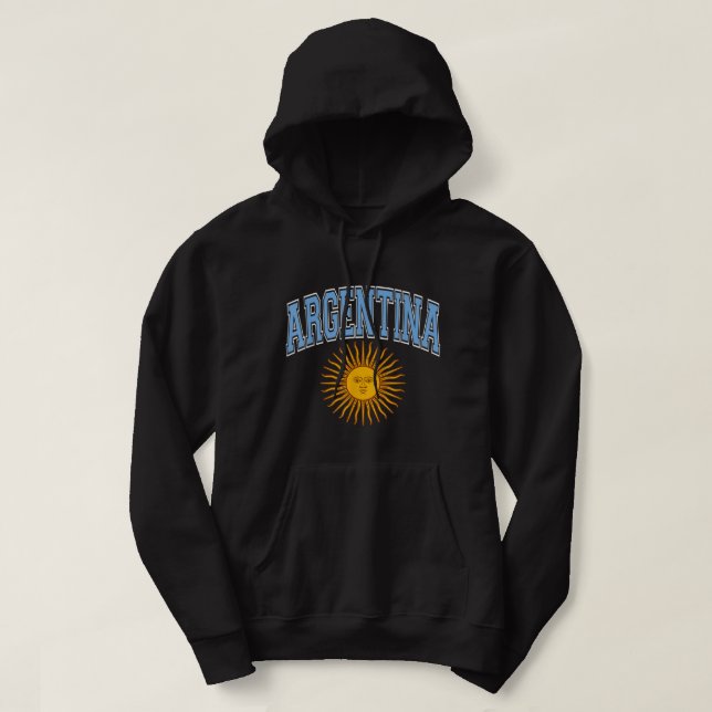 Argentina Varsity Style Sun of May Light Blue Text Hoodie (Design Front)