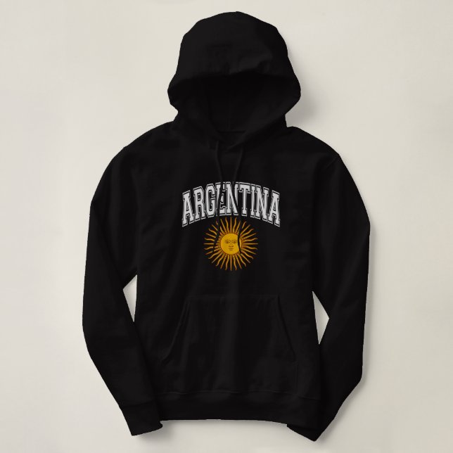Argentina Varsity Style Sun of May White Text  Hoodie (Design Front)