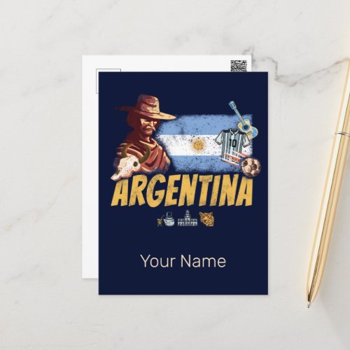 Argentina vintage gaucho with flag soccer ball holiday postcard