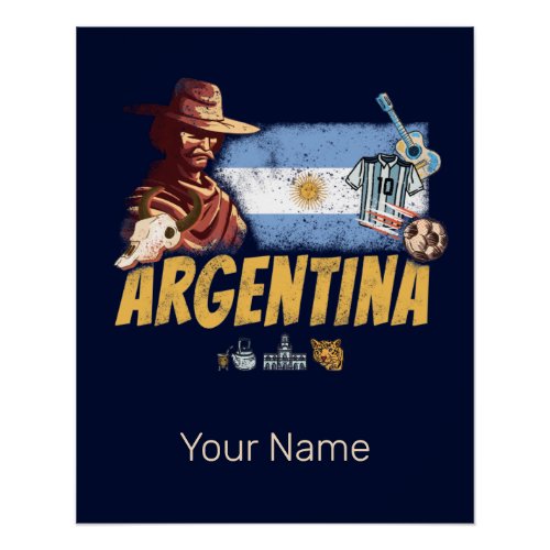 Argentina vintage gaucho with flag soccer ball poster