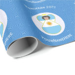 Argentine Angel Hanukkah Flag Personalized  Wrapping Paper<br><div class="desc">Design, on personalized gift wrapping paper, has an angel wearing the Flag of Argentina. Above, the words, in white letters, read, HANUKKAH 20??. Below, a place for a name, yours, for a personalized look, or, your gift recipient's for a thoughtful gift wrap. The angel sits on a circle of white...</div>