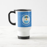 Argentine Flag Hanukkah Angel Year Personalized  Travel Mug<br><div class="desc">Celebrate Hanukkah with a travel mug showing an angel dressed in the Argentine flag. The flag of Argentina flies in the center of a white fractal of squiggly squares on a background of blue squiggly squares. Add your name, or someone else's name, if giving as a gift, to personalize. Customize...</div>