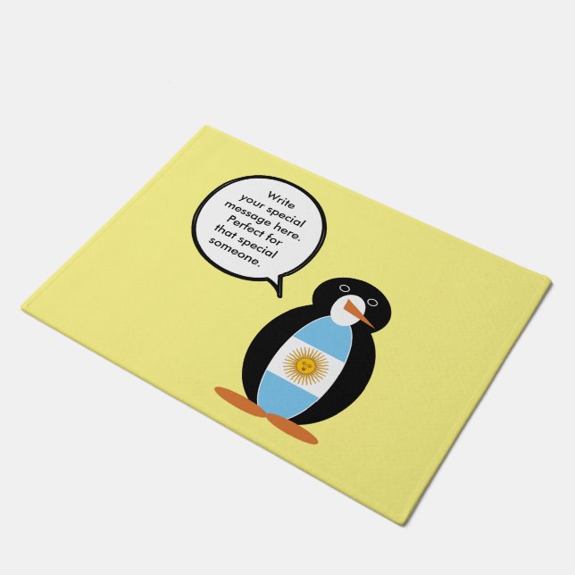 Argentine Flag Talking Ms Penguin Personalized Doormat (Angled)