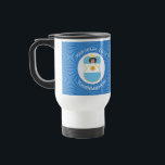 Argentine Hanukkah Angel Flag Personalized  Travel Mug<br><div class="desc">Celebrate Hanukkah with a travel mug showing an angel dressed in the Argentine flag. The flag of Argentina flies in the center of a white fractal of squiggly squares on a background of blue squiggly squares. Add your name, or someone else's name, if giving as a gift, to personalize. Customize...</div>