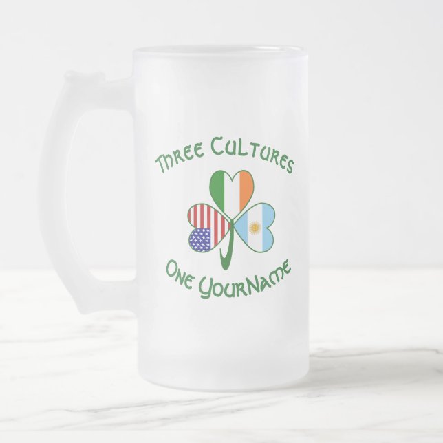 Argentine Irish USA Flags Shamrock Personalized  Frosted Glass Beer Mug (Left)