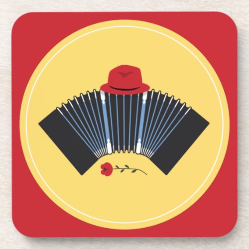 Argentine Tango Bandoneon Fedora and Red Rose Beverage Coaster