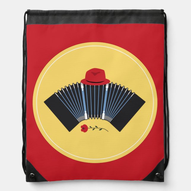 Argentine Tango Bandoneon with Red Fedora and Rose Drawstring Bag (Front)