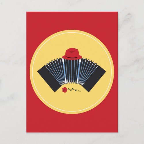Argentine Tango Bandoneon with Red Fedora and Rose Postcard