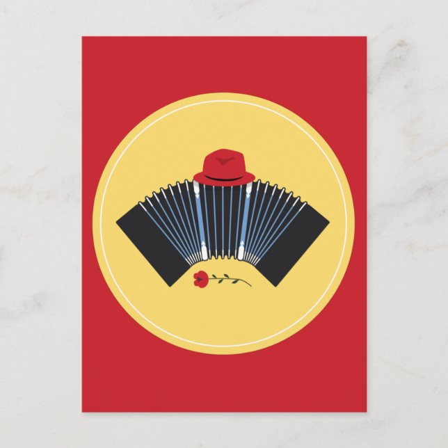 Argentine Tango Bandoneon with Red Fedora and Rose Postcard (Front)