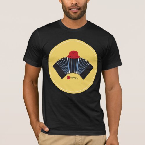 Argentine Tango Bandoneon with Red Fedora and Rose T_Shirt