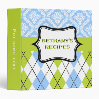 Argyle and damask pattern green, blue recipe 3 ring binder