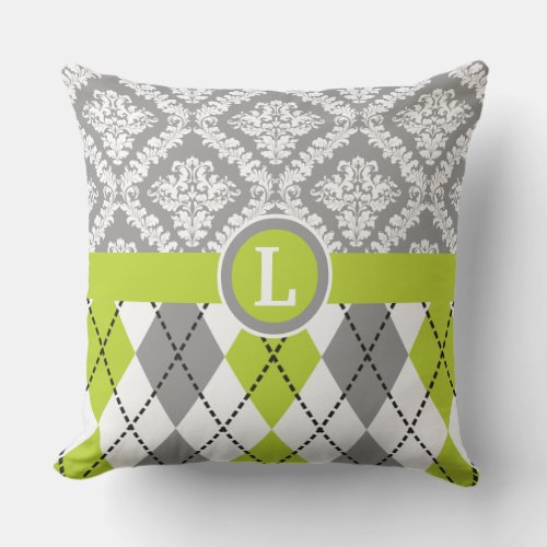 Argyle and damask pattern green grey monogram throw pillow